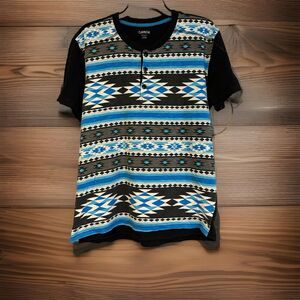 Carbon Mens Large Aztec Tribal Print Henley T-Shirt Blue Gray Short Sleeve Tee